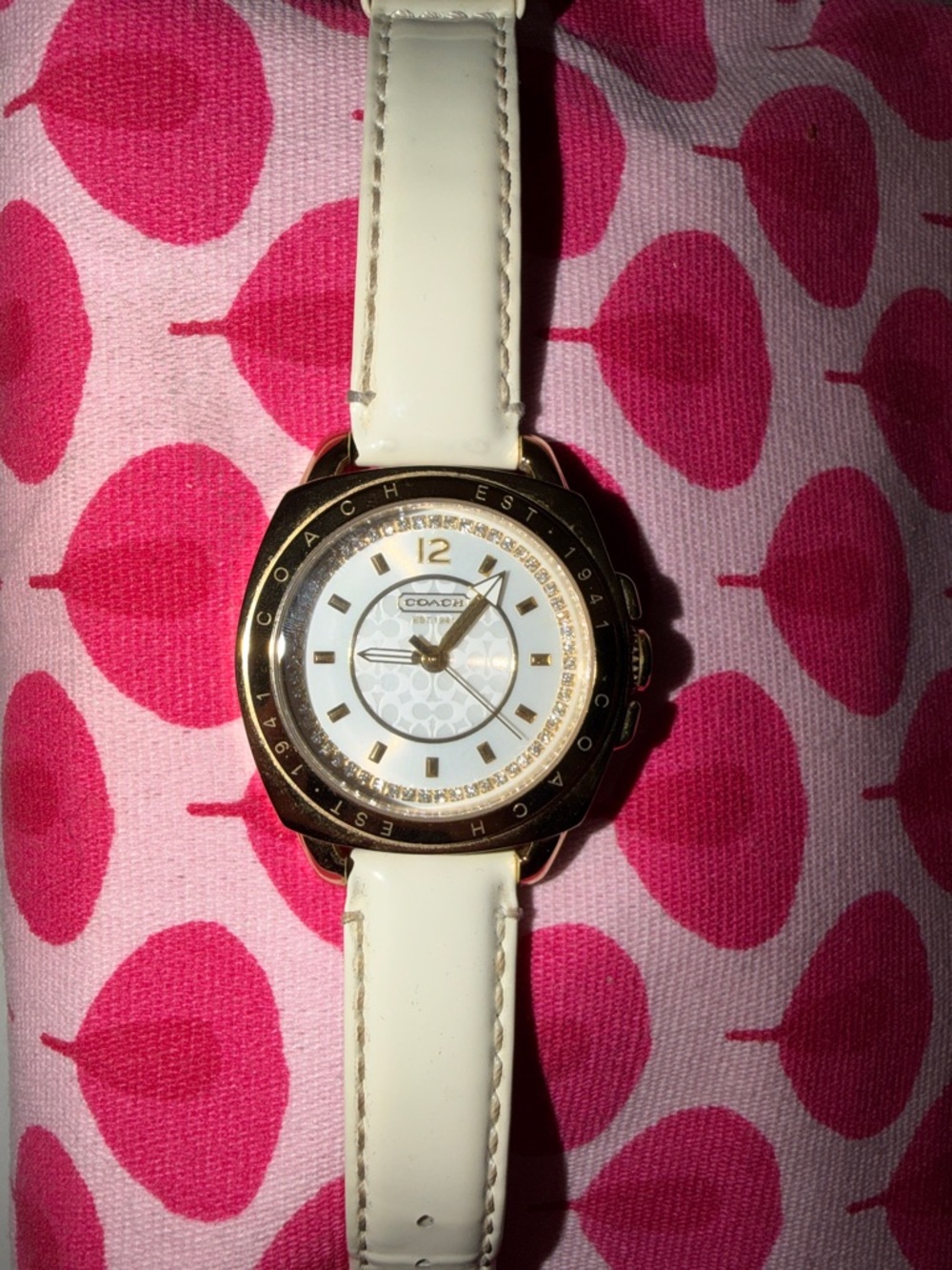 Coach White Leather Strap Gold-Tone Accent Watch
